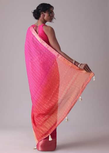 High-Risk Red Woven Ombre Saree In Organza
