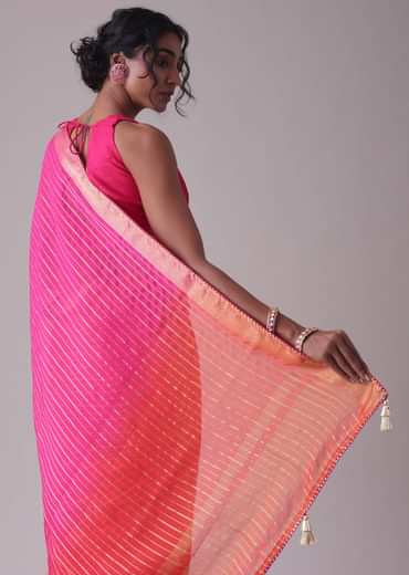 High-Risk Red Woven Ombre Saree In Organza