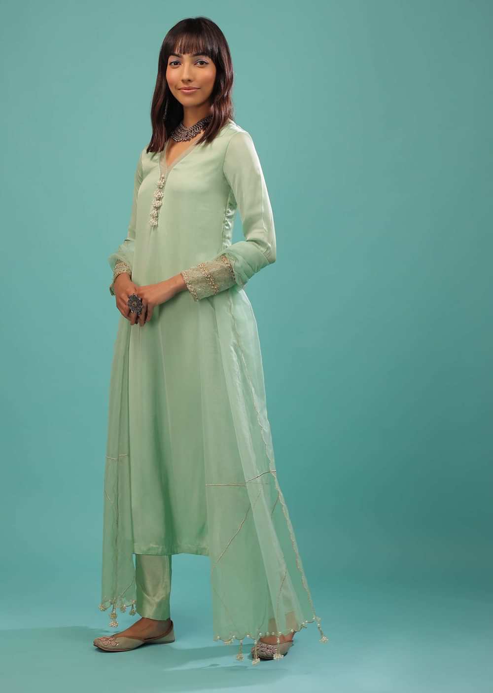 Mint Green Bemberg Satin A Line Suit With Moti Tassels And Organza Dupatta