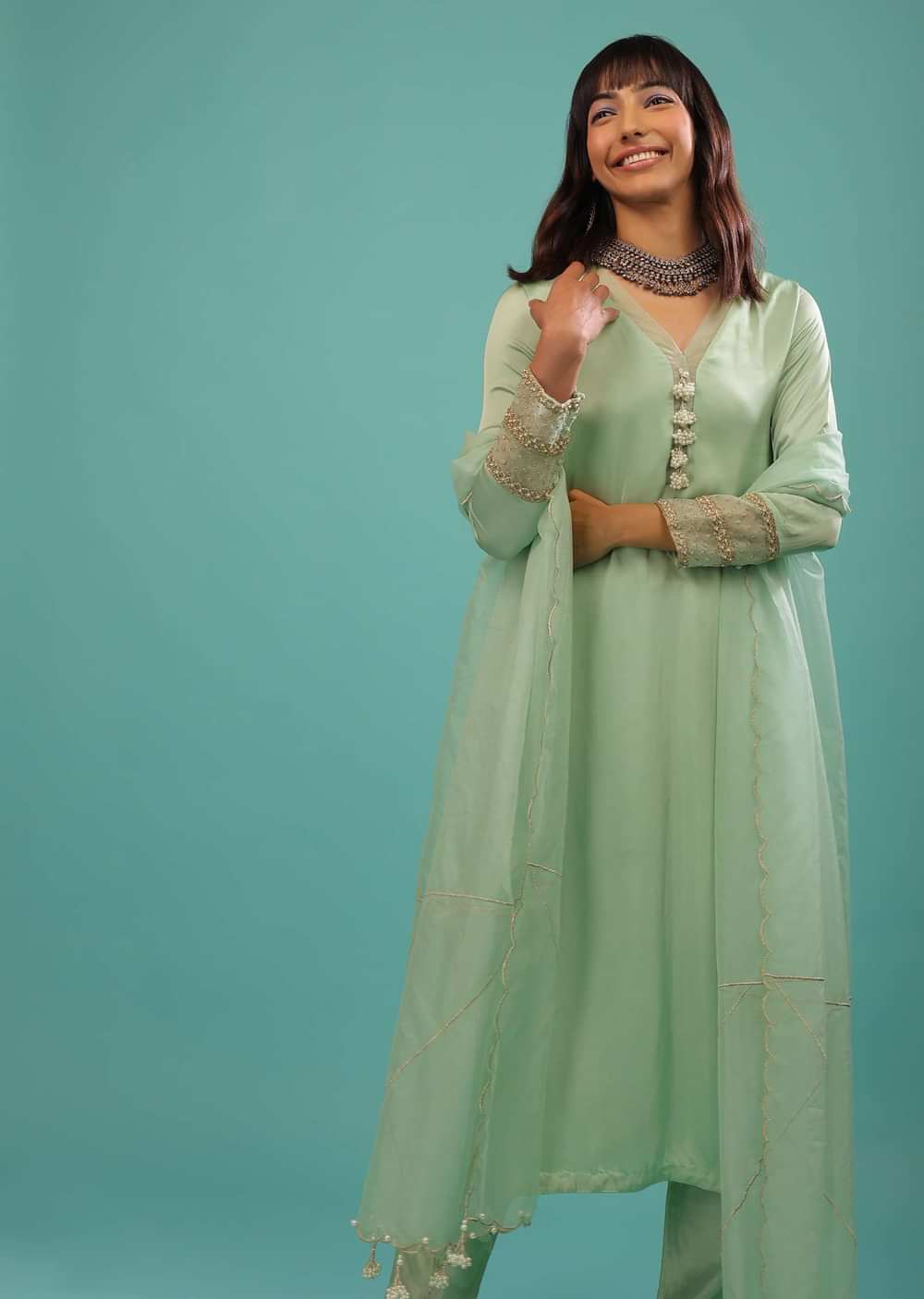 Mint Green Bemberg Satin A Line Suit With Moti Tassels And Organza Dupatta