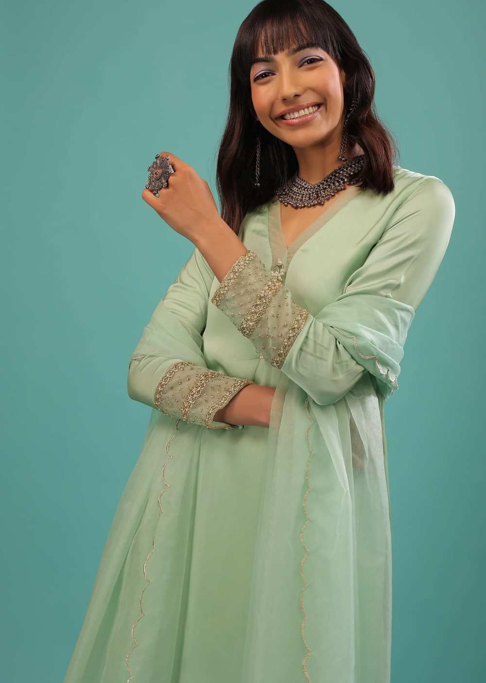 Mint Green Bemberg Satin A Line Suit With Moti Tassels And Organza Dupatta