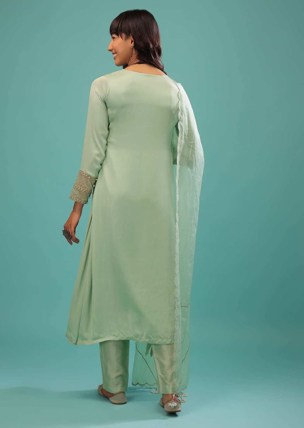 Mint Green Bemberg Satin A Line Suit With Moti Tassels And Organza Dupatta
