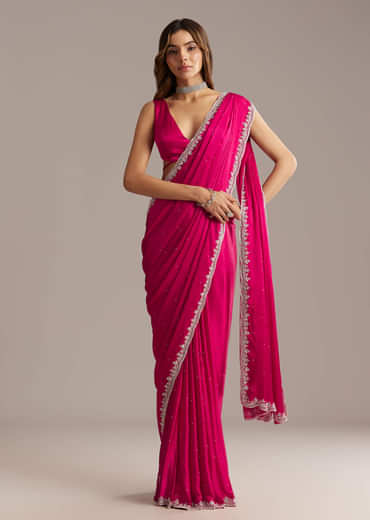 Hot Pink Chinon Saree With Stone And Sequin Embroidery