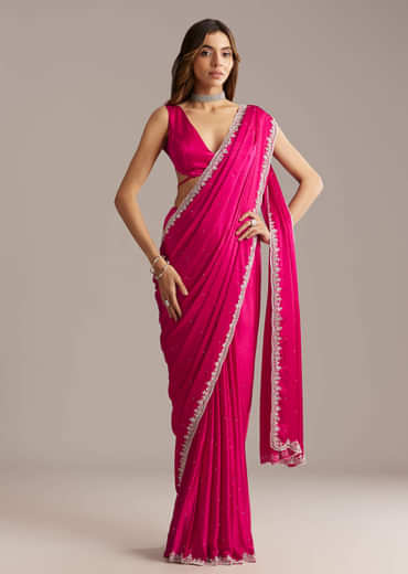 Hot Pink Chinon Saree With Stone And Sequin Embroidery