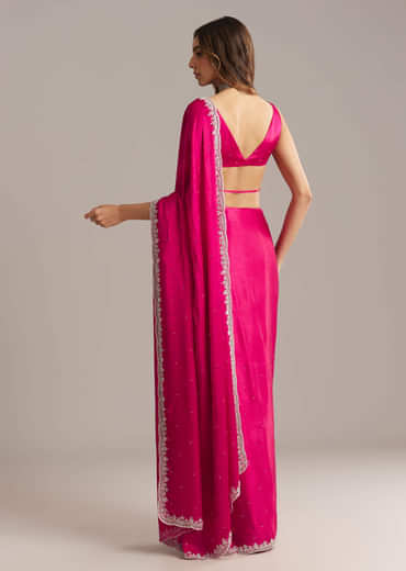 Hot Pink Chinon Saree With Stone And Sequin Embroidery