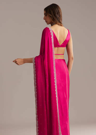Hot Pink Chinon Saree With Stone And Sequin Embroidery