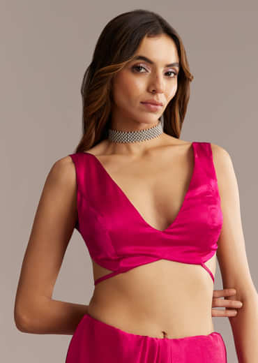 Hot Pink Chinon Saree With Stone And Sequin Embroidery