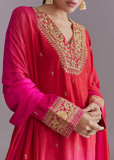 Hot Pink Ombre Silk Kurta Set With Zari Embroidery