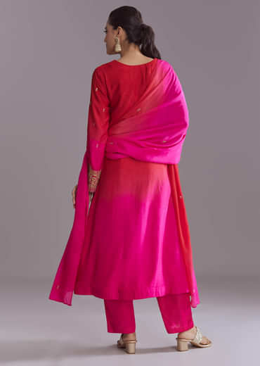 Hot Pink Ombre Silk Kurta Set With Zari Embroidery