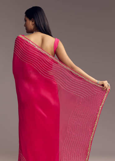 Hot Pink Organza Saree With Stone And Cut Dana Work