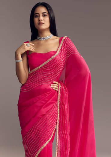 Hot Pink Organza Saree With Stone And Cut Dana Work