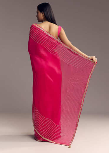 Hot Pink Organza Saree With Stone And Cut Dana Work