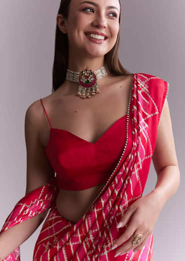 Hot Pink Satin Printed Saree With Criss Cross Stripes