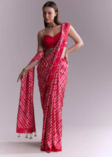 Hot Pink Satin Printed Saree With Criss Cross Stripes