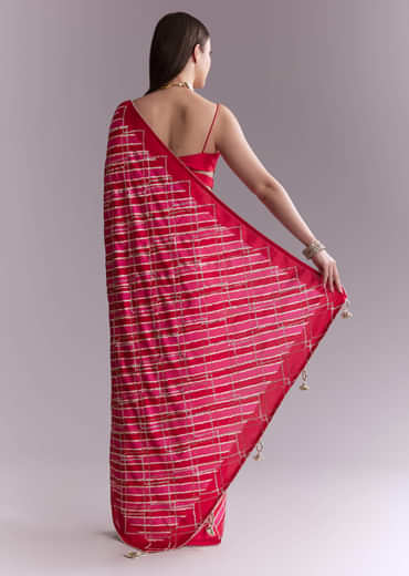 Hot Pink Satin Printed Saree With Criss Cross Stripes
