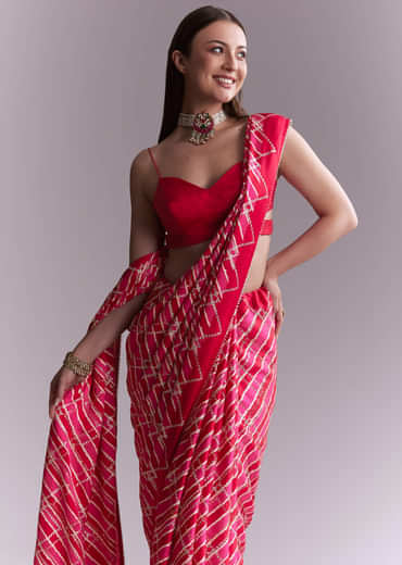 Hot Pink Satin Printed Saree With Criss Cross Stripes
