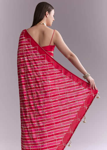 Hot Pink Satin Printed Saree With Criss Cross Stripes