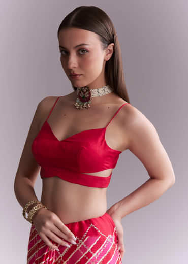 Hot Pink Satin Printed Saree With Criss Cross Stripes