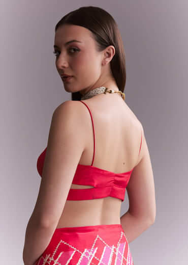 Hot Pink Satin Printed Saree With Criss Cross Stripes