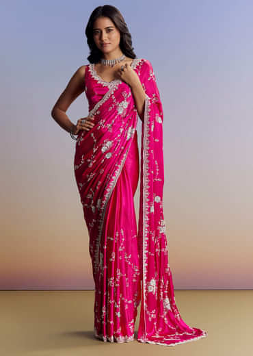 Hot Pink Satin Saree With All Over Jaal Embroidery In Cutdana And Sequins