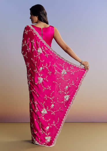 Hot Pink Satin Saree With All Over Jaal Embroidery In Cutdana And Sequins