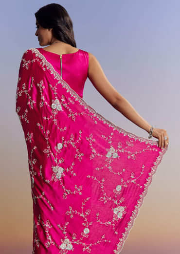 Hot Pink Satin Saree With All Over Jaal Embroidery In Cutdana And Sequins