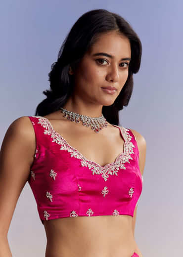 Hot Pink Satin Saree With All Over Jaal Embroidery In Cutdana And Sequins