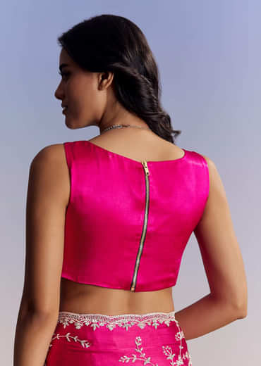 Hot Pink Satin Saree With All Over Jaal Embroidery In Cutdana And Sequins