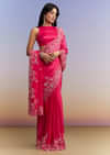 Hot Pink Satin Saree With Heavy Embroidered Details