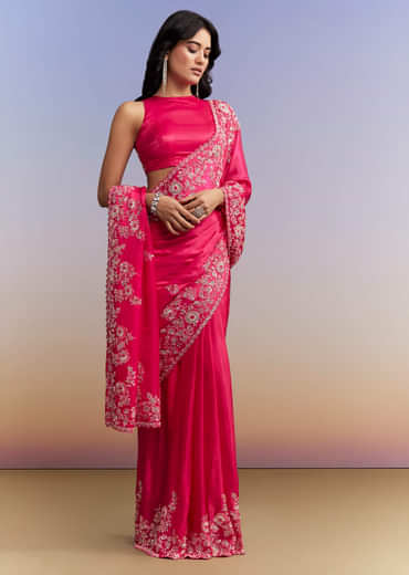 Hot Pink Satin Saree With Heavy Embroidered Details