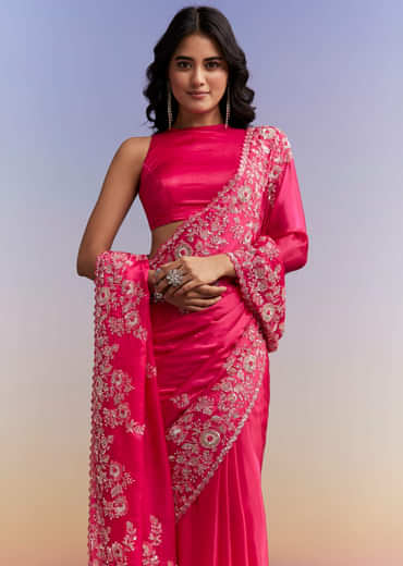 Hot Pink Satin Saree With Heavy Embroidered Details