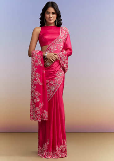 Hot Pink Satin Saree With Heavy Embroidered Details