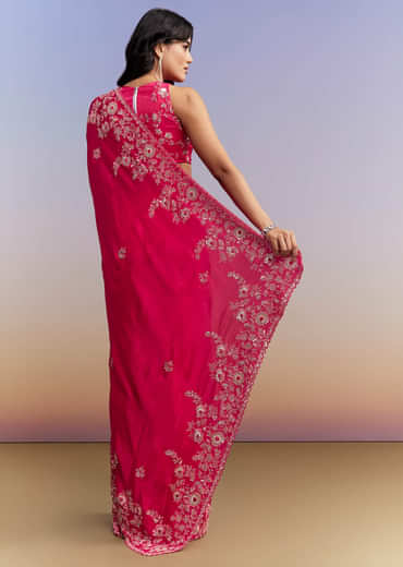 Hot Pink Satin Saree With Heavy Embroidered Details