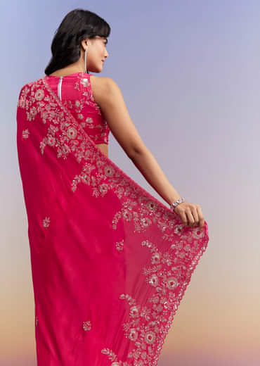 Hot Pink Satin Saree With Heavy Embroidered Details
