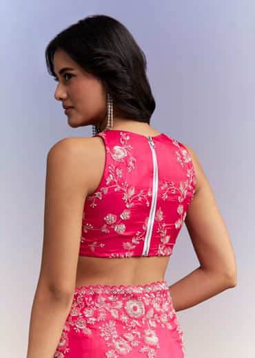 Hot Pink Satin Saree With Heavy Embroidered Details