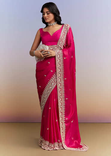 Hot Pink Satin Saree With Heavy Hand Embroidery
