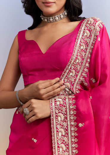 Hot Pink Satin Saree With Heavy Hand Embroidery