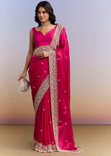 Hot Pink Satin Saree With Heavy Hand Embroidery