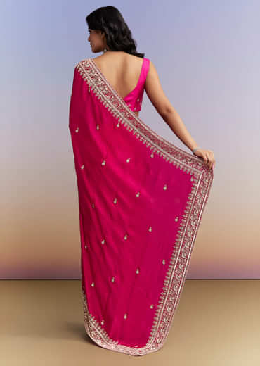 Hot Pink Satin Saree With Heavy Hand Embroidery