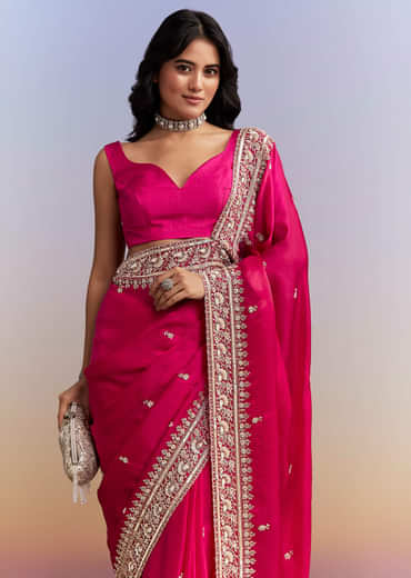 Hot Pink Satin Saree With Heavy Hand Embroidery