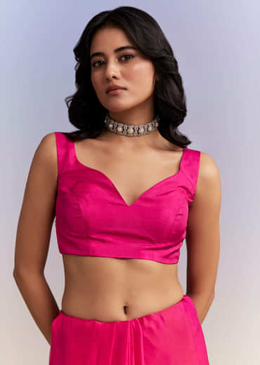 Hot Pink Satin Saree With Heavy Hand Embroidery