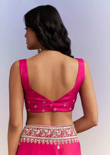 Hot Pink Satin Saree With Heavy Hand Embroidery