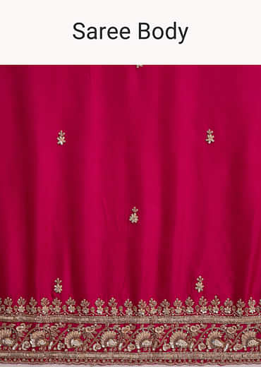 Hot Pink Satin Saree With Heavy Hand Embroidery