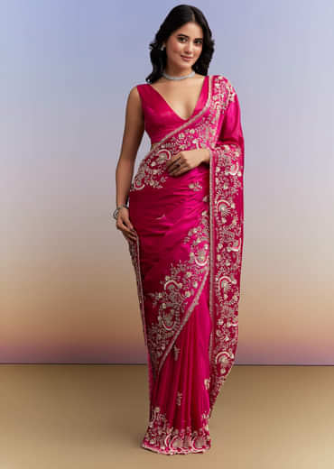 Hot Pink Satin Saree With Heavy Hand Work