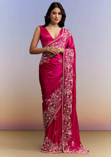 Hot Pink Satin Saree With Heavy Hand Work