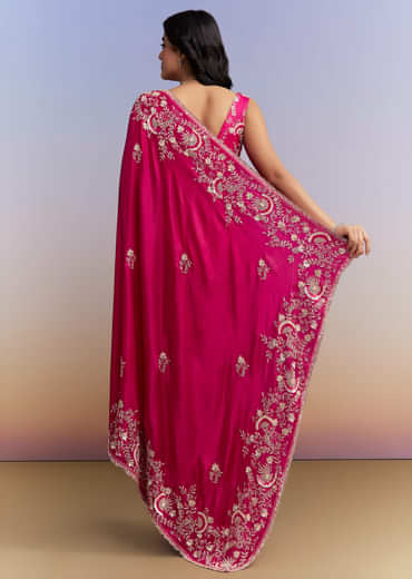 Hot Pink Satin Saree With Heavy Hand Work