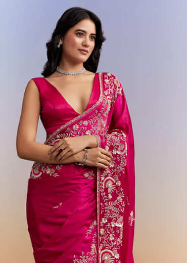 Hot Pink Satin Saree With Heavy Hand Work