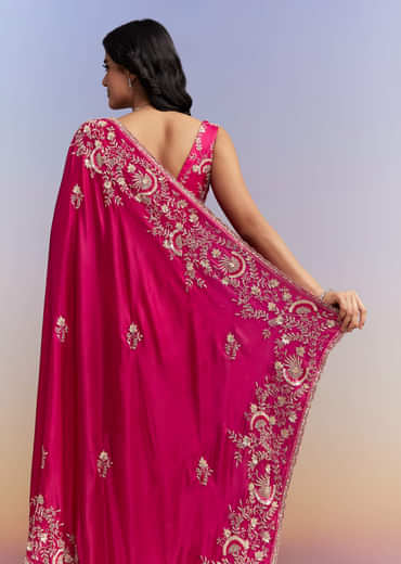 Hot Pink Satin Saree With Heavy Hand Work