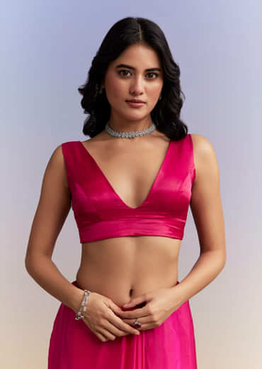 Hot Pink Satin Saree With Heavy Hand Work