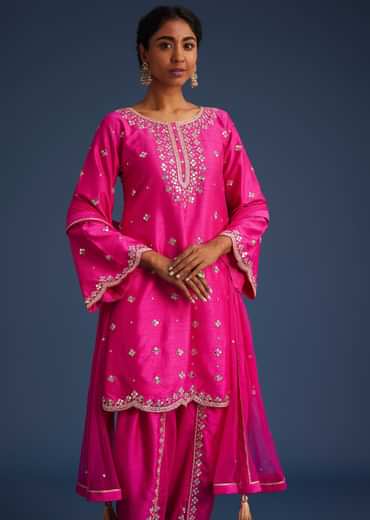 Hot Pink Silk Embroidered Kurta Dhoti Set